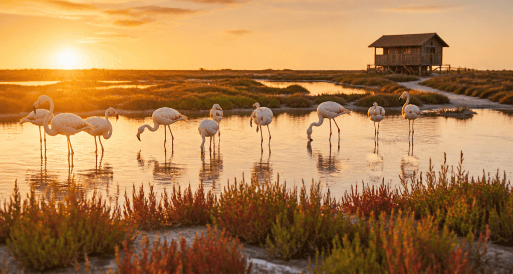 flamants roses réserve ornithologique des salins du lion au lever du soleil