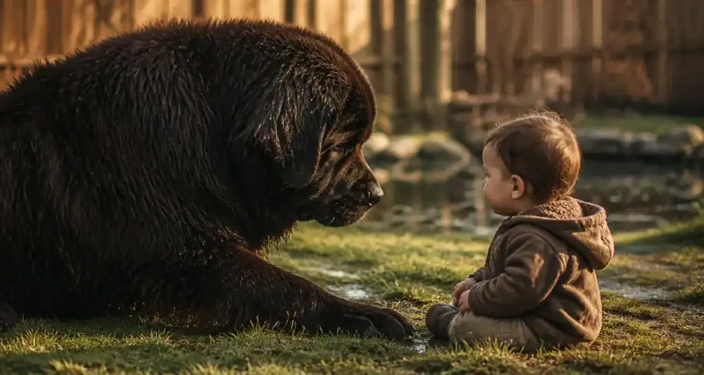 Caractere du terre neuve, grand chien doux et protecteur près d’un enfant dans le jardin