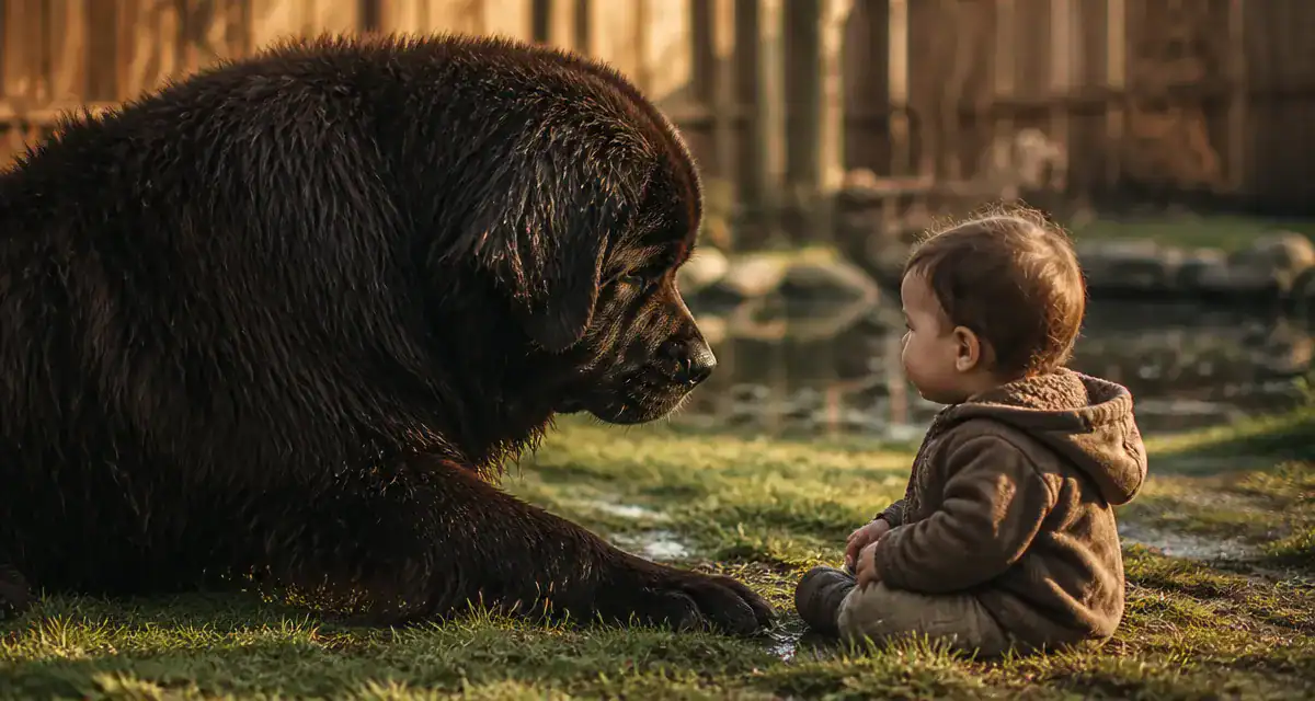 Caractere du terre neuve, grand chien doux et protecteur près d’un enfant dans le jardin