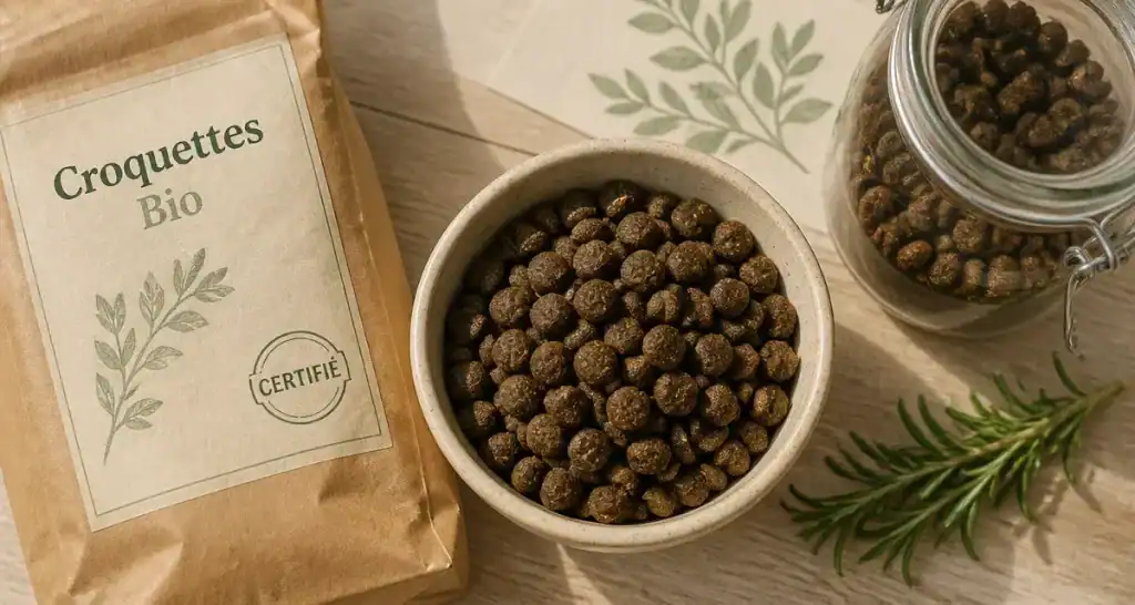 Croquette chien bio : bol et sac sur table en bois