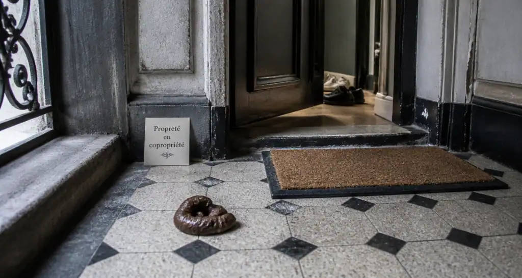 Déjection canine propriété privée sur palier d'immeuble