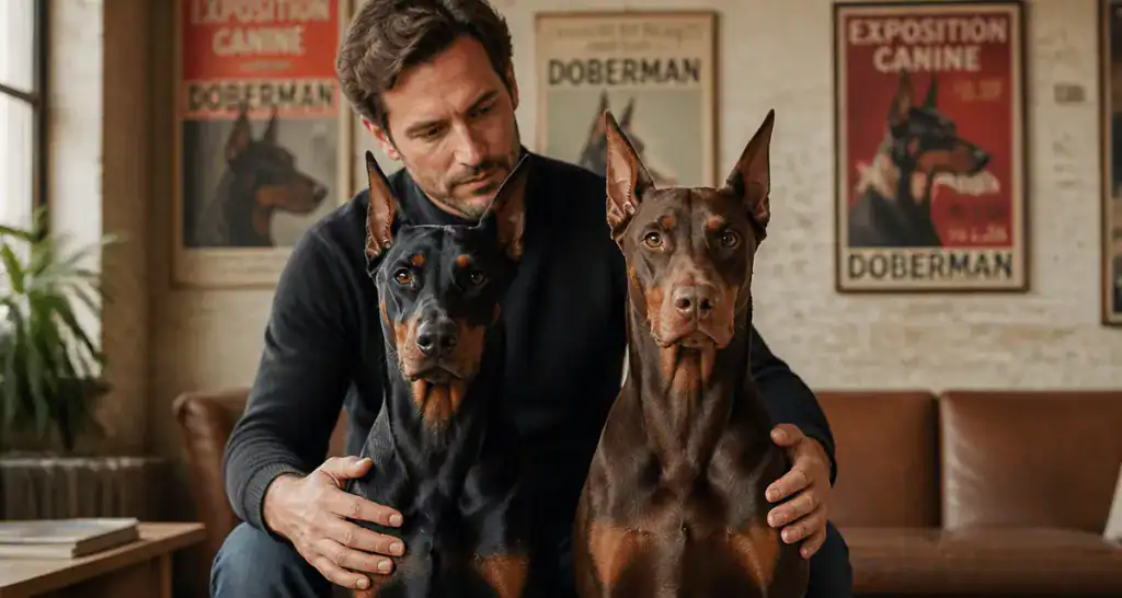 doberman couleur noir et marron feu assis salon