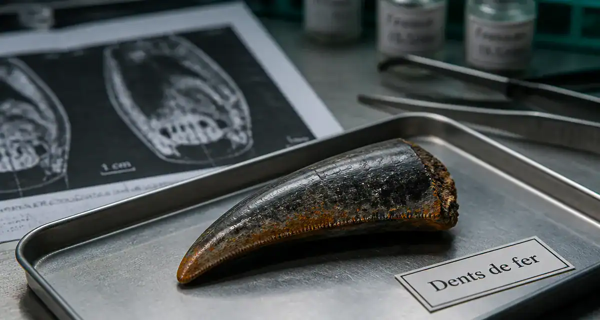 Dragon de komodo dents : dépôt de fer sur une dent, acier brossé
