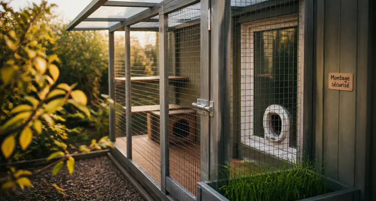 Enclos chat extérieur à faire soi-même, catio sécurisé avec grillage et porte
