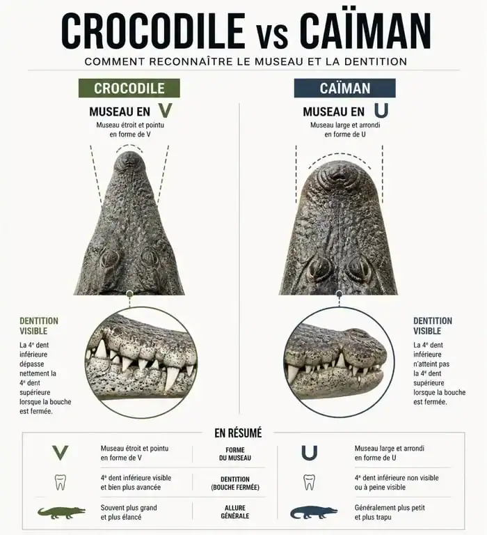 Infographie comparative des différences entre caïman et crocodile : forme du museau et dentition