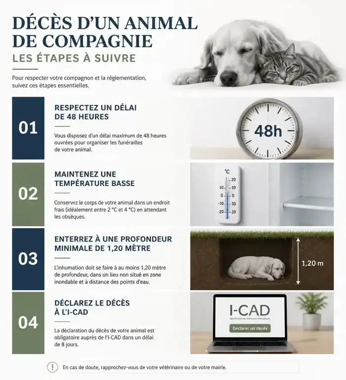 Infographie récapitulative : combien de temps garder un chien mort et démarches à suivre