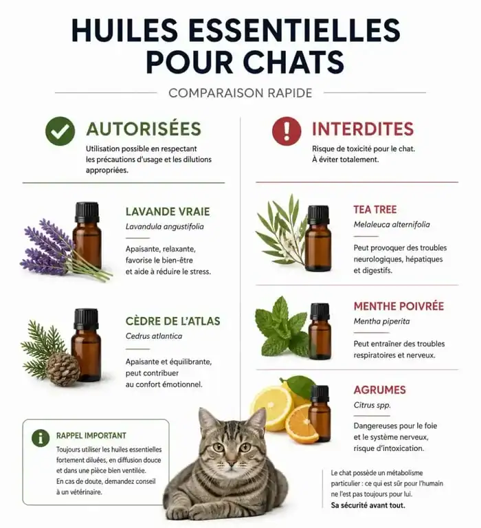 Infographie comparative des huiles essentielles autorisées et interdites pour la lutte anti puce huile essentielle chat