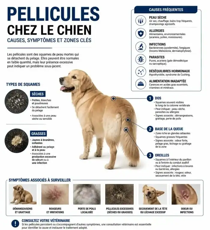Infographie illustrant les causes et symptômes des pellicules chien pour aider au diagnostic