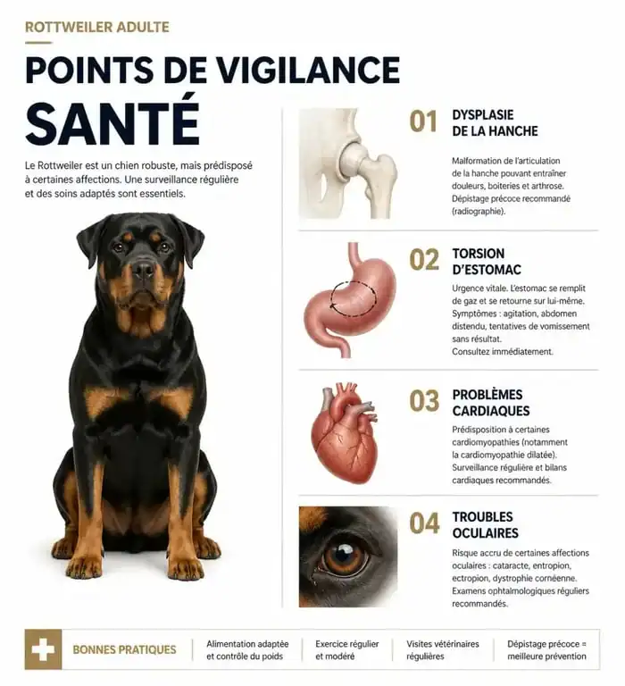 Infographie des points de vigilance santé pour un rottweiler adulte