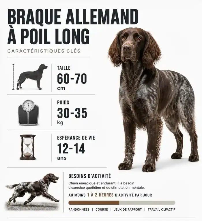 Infographie récapitulative des caractéristiques physiques et besoins du Braque allemand à poil long