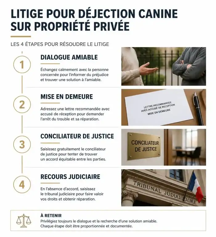 Infographie des étapes de résolution d'un litige pour déjection canine sur propriété privée