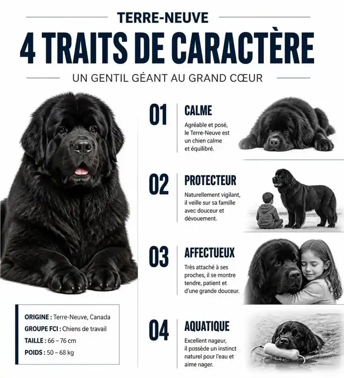 Infographie récapitulative du caractère du Terre-Neuve : un chien calme, protecteur et affectueux.