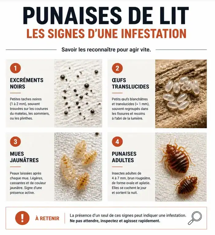 Signes visuels d'un nid de punaise de lit : excréments, œufs et mues