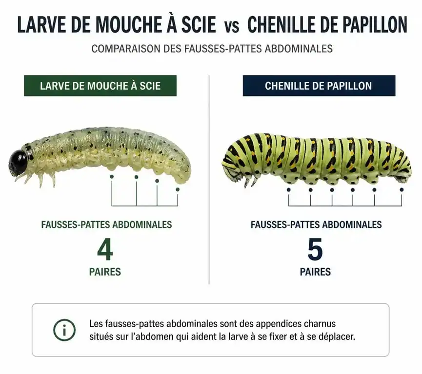Comparaison visuelle entre une larve de mouche à scie et une chenille pour aider à l'identification au jardin