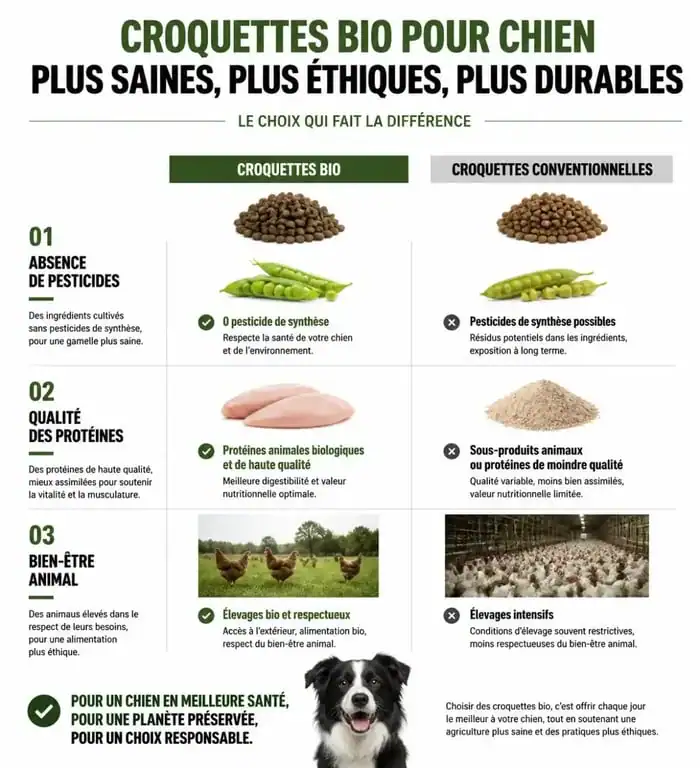 Infographie comparant les bénéfices des croquettes chien bio par rapport aux croquettes conventionnelles pour la santé animale.
