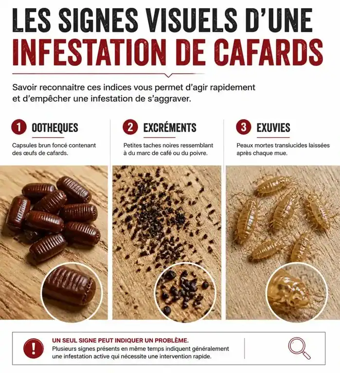 Signes visuels d'un nid de cafard : oothèques, déjections et mues