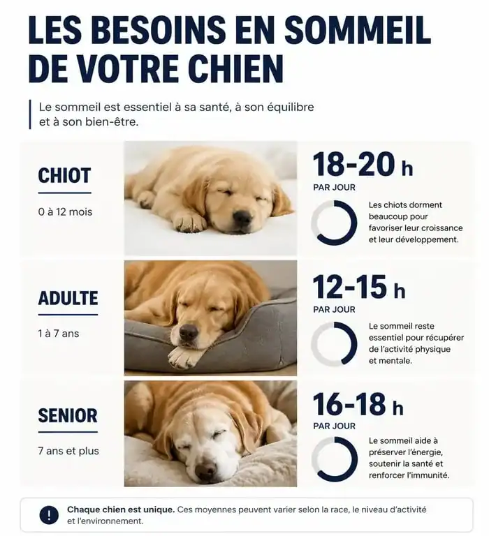Infographie sur le temps de sommeil d'un chien par jour selon son âge