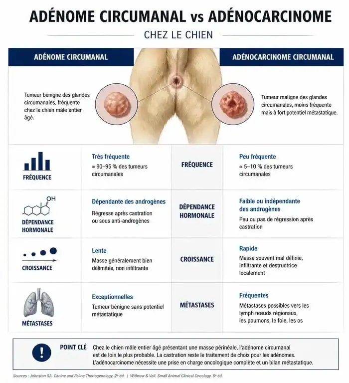 Comparaison entre circumanalome bénin et adénocarcinome malin chez le chien