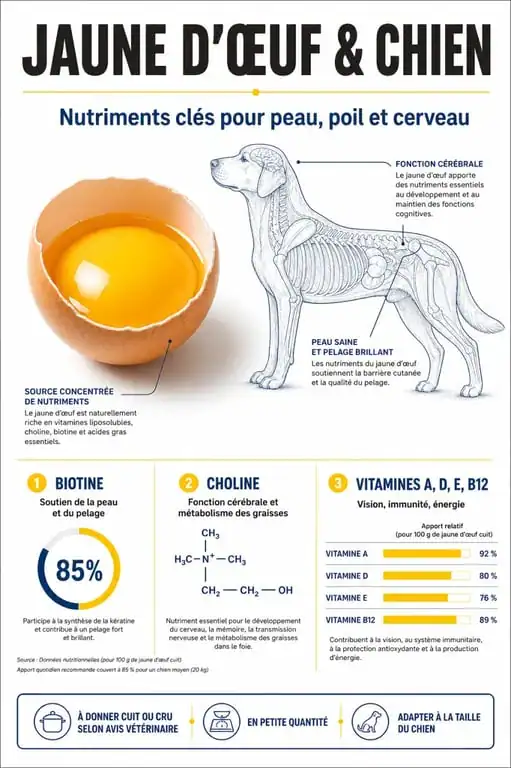 Infographie des bienfaits nutritionnels du jaune d'œuf pour chien