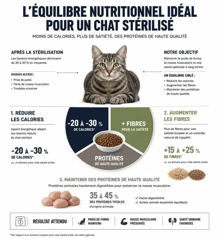 Infographie sur l'alimentation du chat stérilisé : équilibre nutritionnel pour prévenir l'obésité et les calculs urinaires