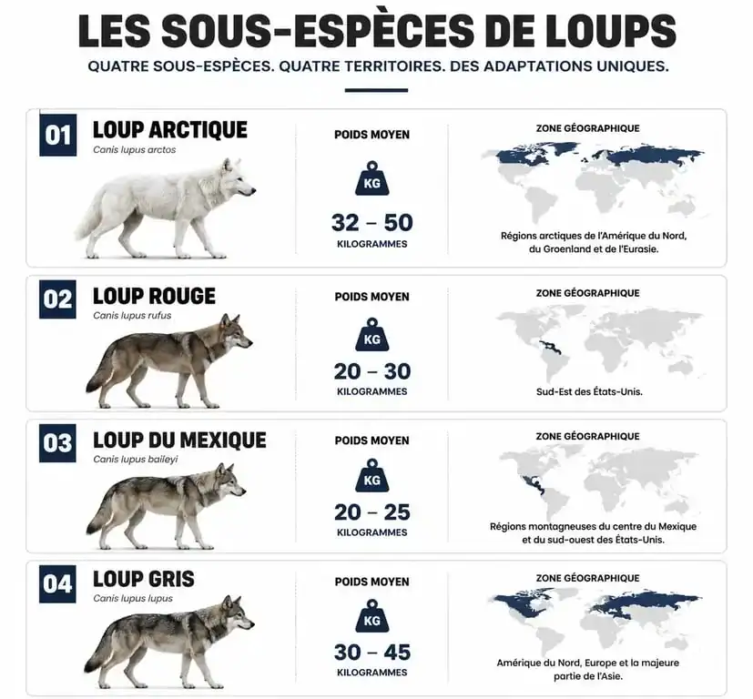 Infographie comparative des différentes races et sous-espèces de loups et leurs caractéristiques
