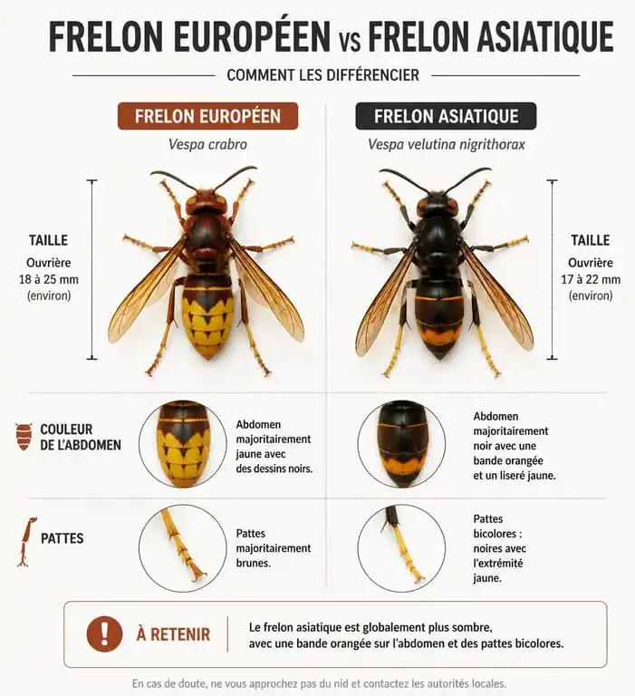 Infographie comparative des types de frelons : frelon européen vs frelon asiatique pour une identification facile