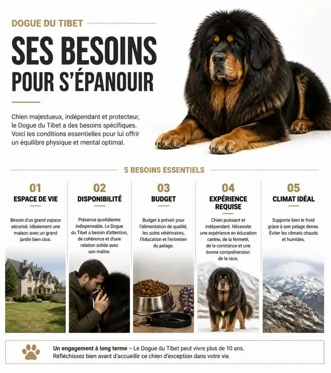 Infographie des besoins et profil idéal pour l'adoption d'un Dogue du Tibet