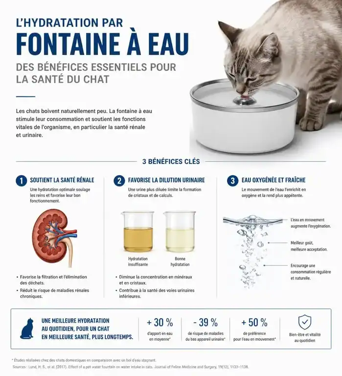 Infographie sur les bienfaits de la fontaine à eau pour chat selon l'avis vétérinaire pour la santé rénale et urinaire.