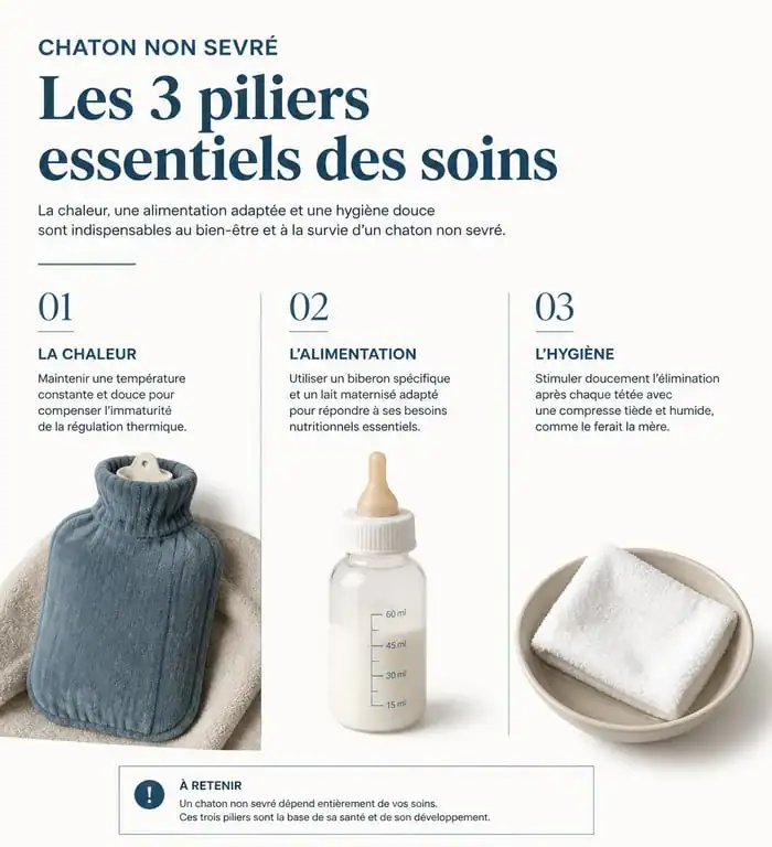 Infographie des soins essentiels pour un chaton non sevré : chaleur, alimentation et hygiène.