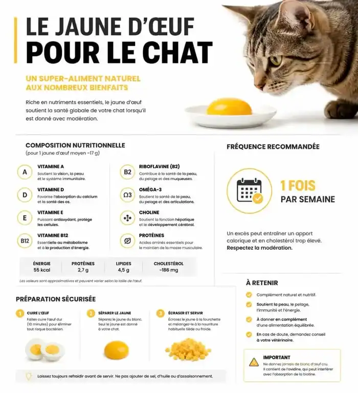 Infographie sur les bienfaits et la préparation du jaune d'œuf pour chat