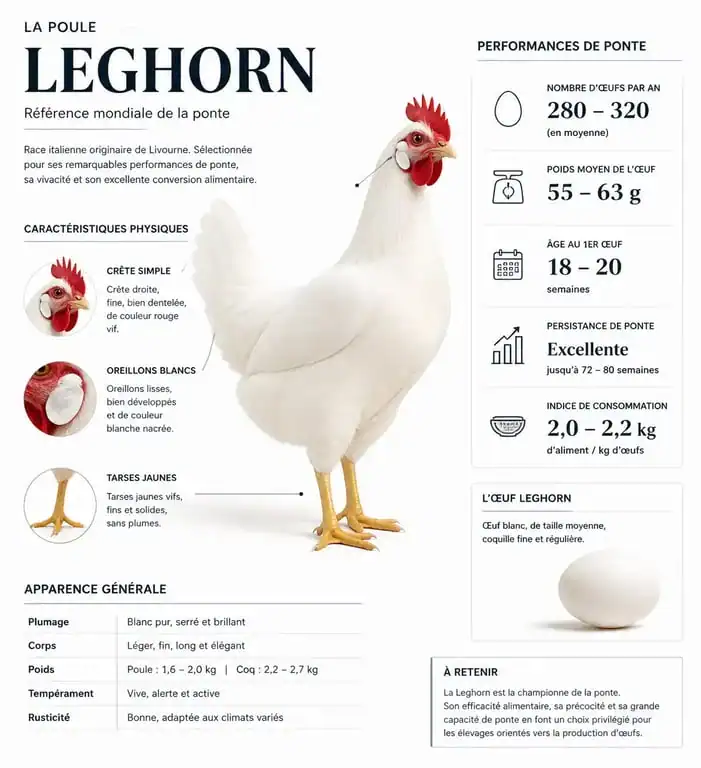 Infographie des caractéristiques physiques et de la productivité de la poule Leghorn
