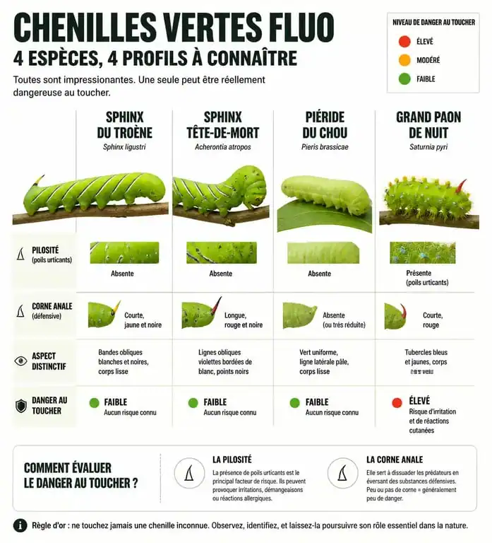 Infographie comparative des chenilles vertes fluo dangereuses ou inoffensives pour identification.