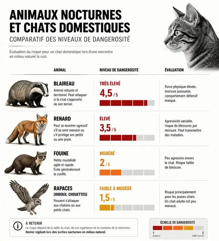 Infographie comparative des risques pour les chats face aux animaux nocturnes comme le blaireau ou le renard