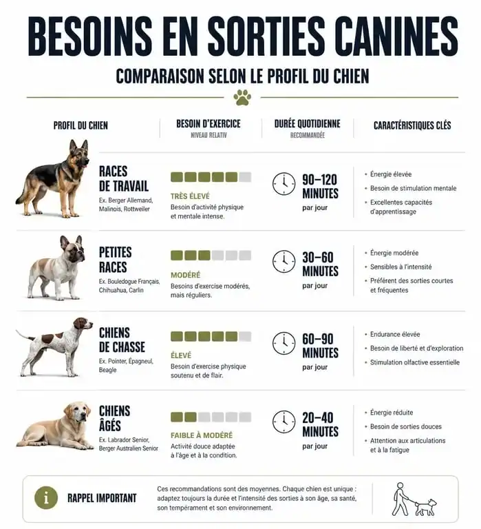 Infographie comparative des besoins en sorties quotidiennes selon le profil et la race du chien pour sortir son chien 1 fois par jour.