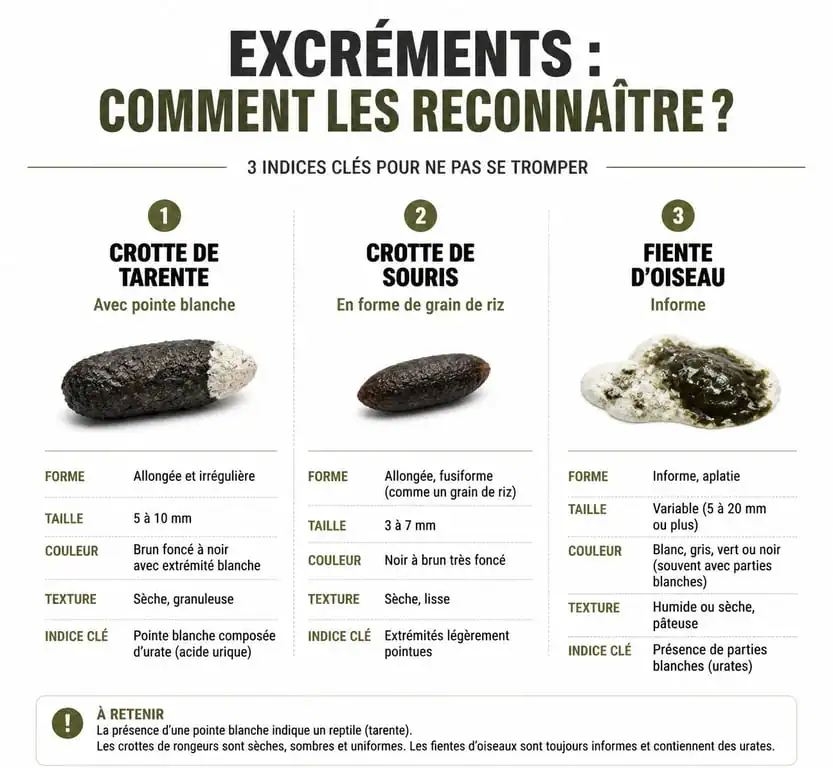 Comparatif visuel des crottes de tarente, de souris et d'oiseau pour faciliter l'identification