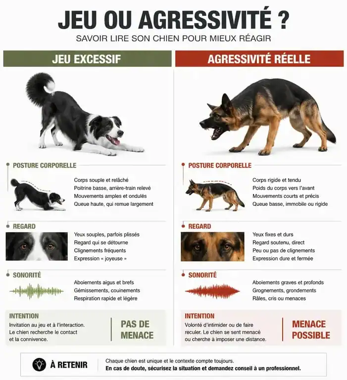 Infographie comparative des signes de jeu excessif versus agressivité réelle chez le Golden Retriever
