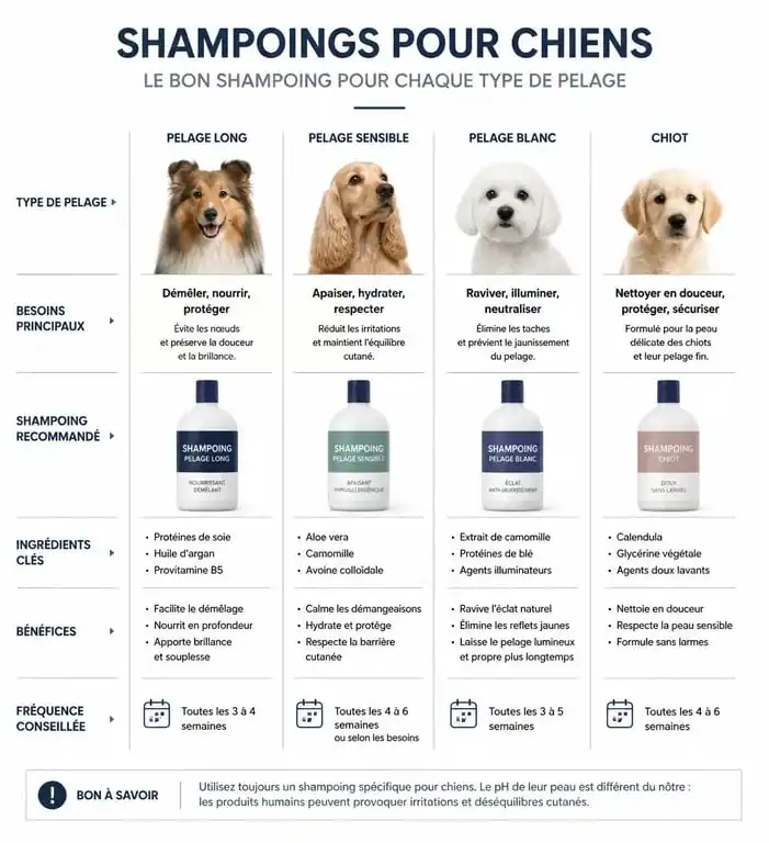 Infographie comparative des meilleurs shampoings pour chien selon le type de pelage et les besoins dermatologiques.
