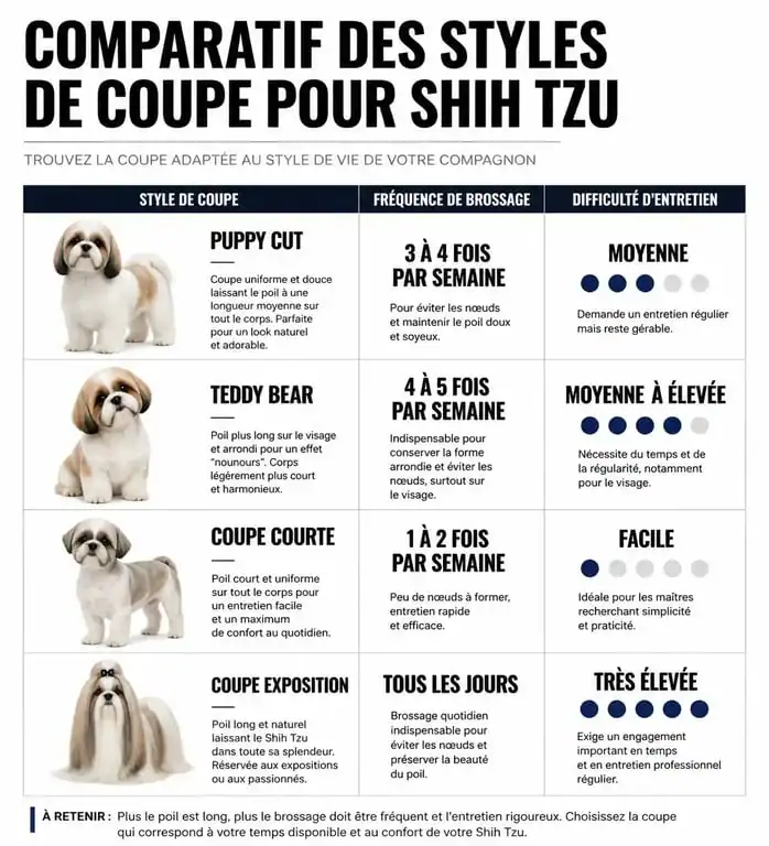 Infographie comparative des styles de coupe pour Shih Tzu et conseils d'entretien
