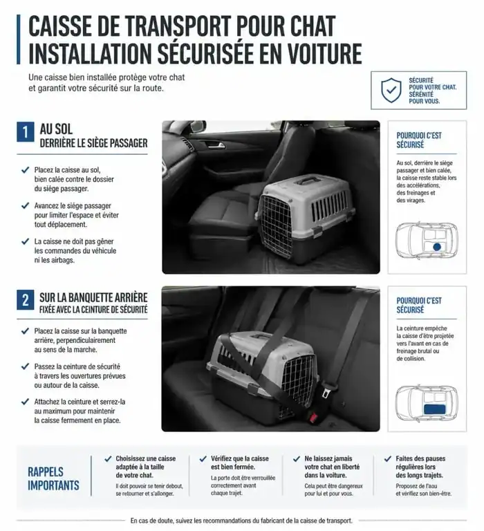 Infographie montrant comment sécuriser une caisse de transport pour chat en voiture pour faire 600 km avec un chat