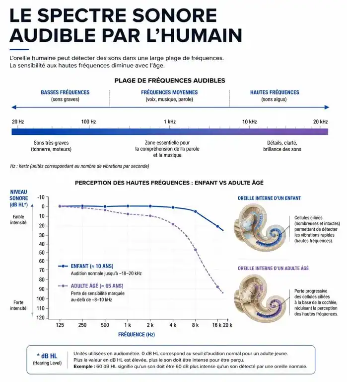 Infographie sur la perception des ultrasons et la presbyacousie chez l'humain