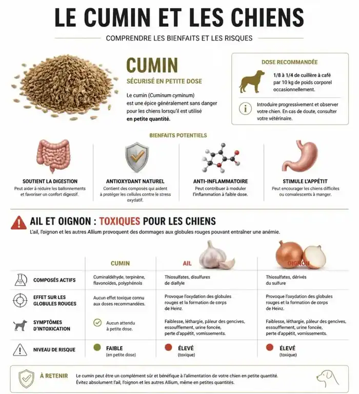 Infographie comparative des bienfaits et risques du cumin pour chien par rapport aux épices toxiques