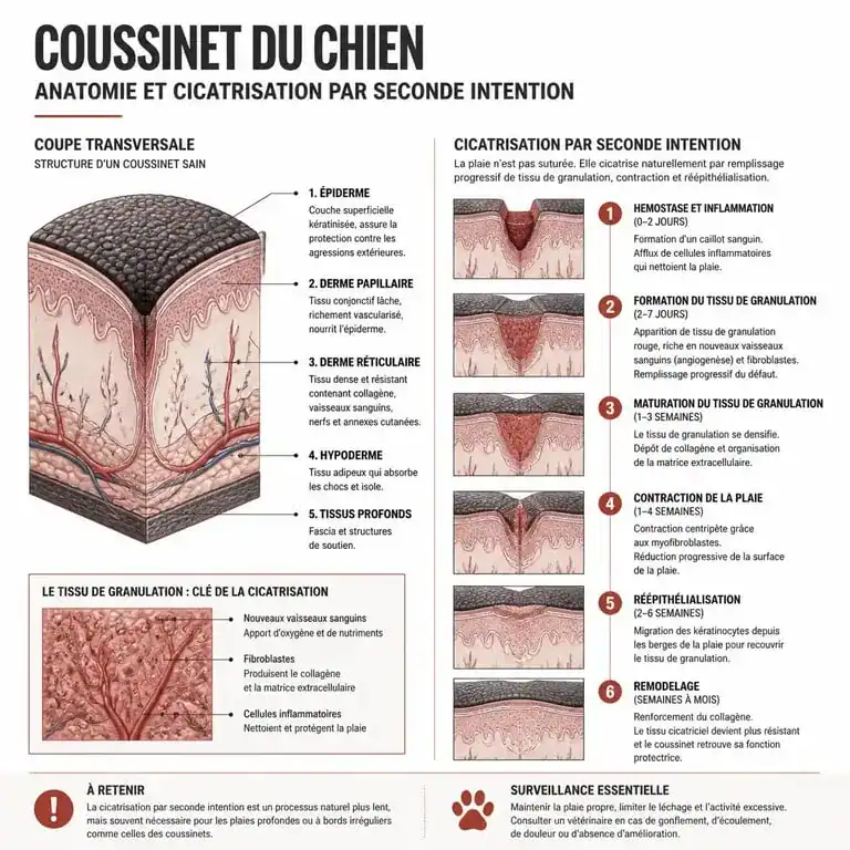 Schéma illustrant la cicatrisation et la repousse d'un coussinet de chien arraché