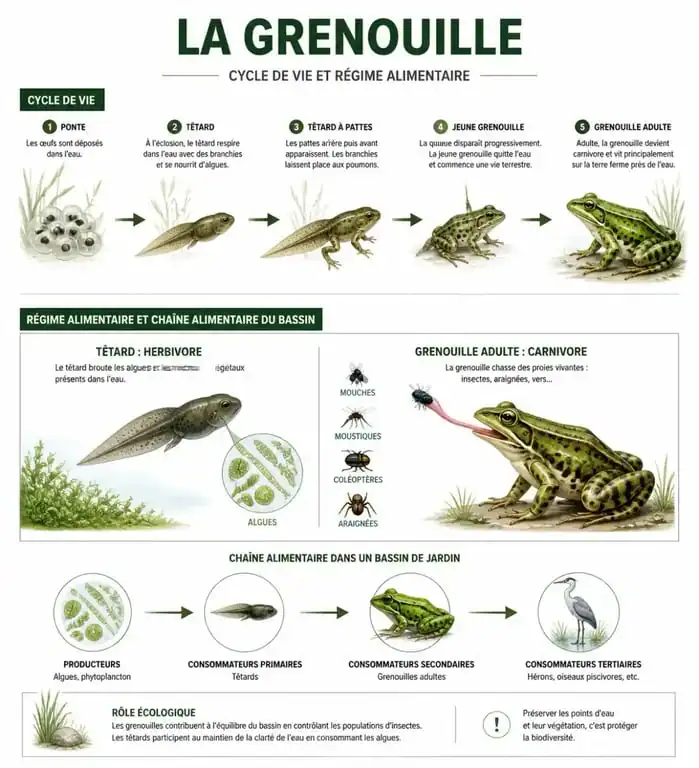 Infographie sur ce que mange une grenouille dans un bassin, du stade têtard à l'adulte