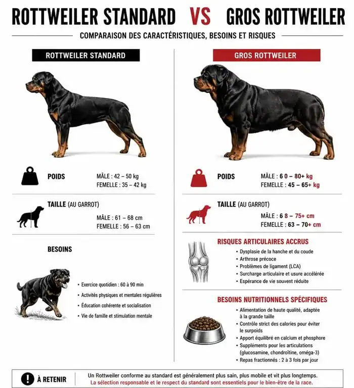 Infographie comparative des caractéristiques physiques et besoins entre un rottweiler standard et un gros rottweiler