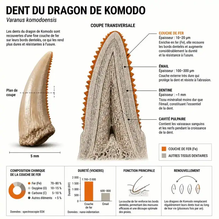 Schéma scientifique de la dent du dragon de Komodo avec dépôt de fer sur les bords dentelés