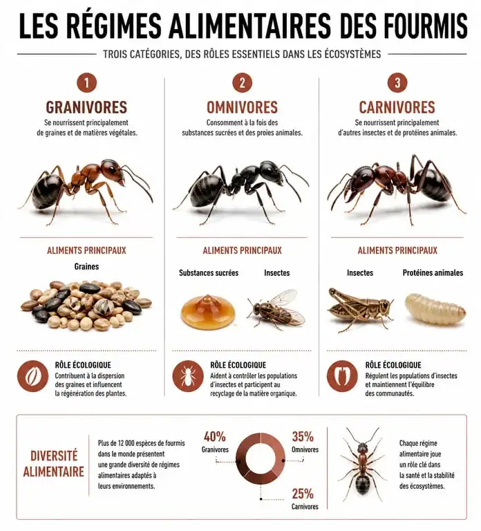 Infographie sur les régimes alimentaires des fourmis : granivores, omnivores et carnivores pour bien nourrir ses fourmis