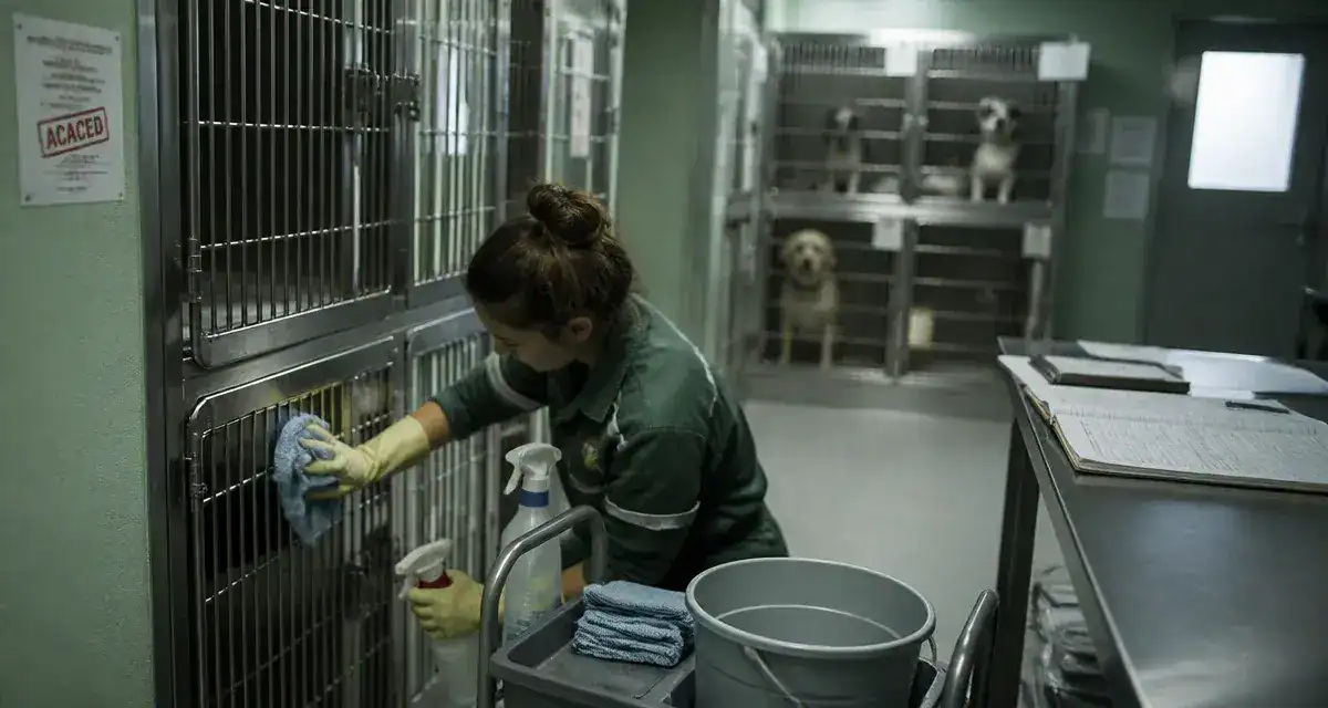 Formation agent animalier : agent nettoyant une cage, affiche ACACED en refuge
