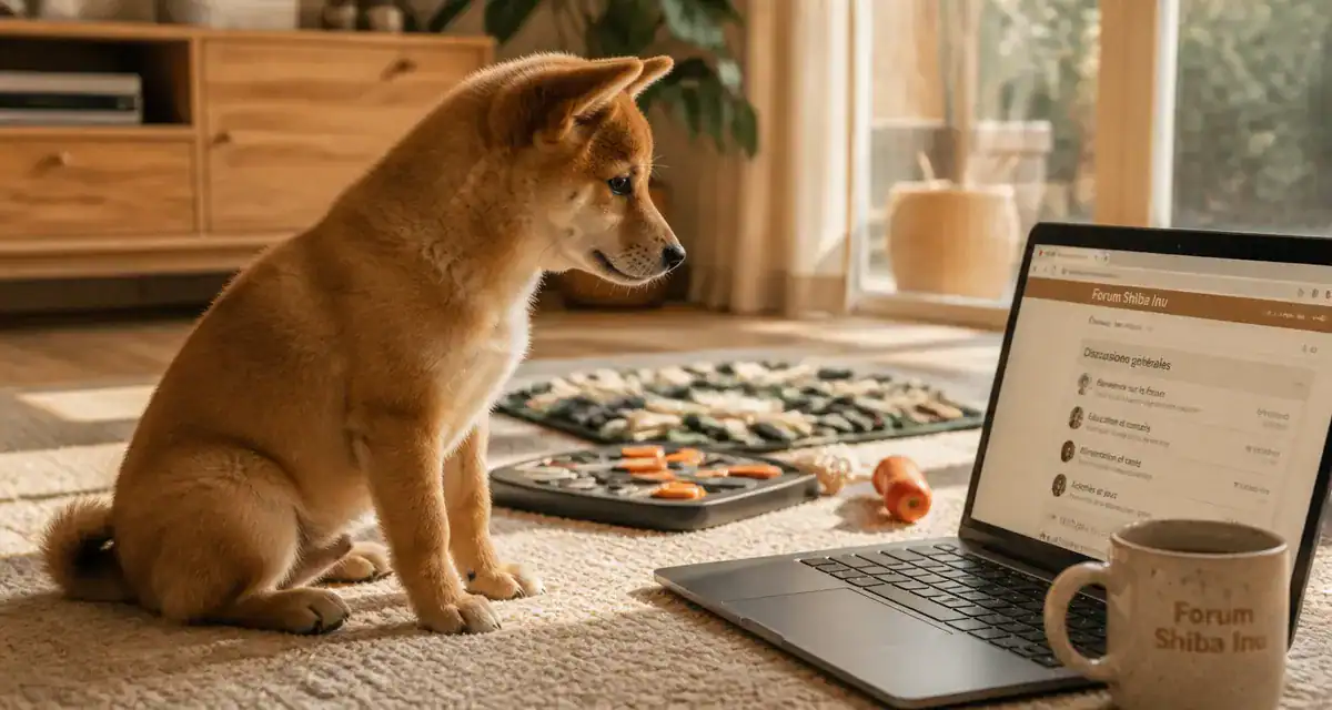 Shiba Inu devant forum shiba inu sur ordinateur