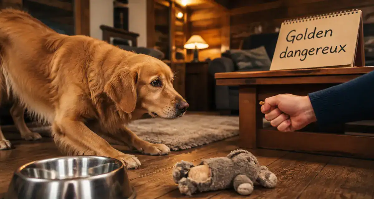 Golden retriever dangereux : tête basse, main avec friandise pour désamorcer