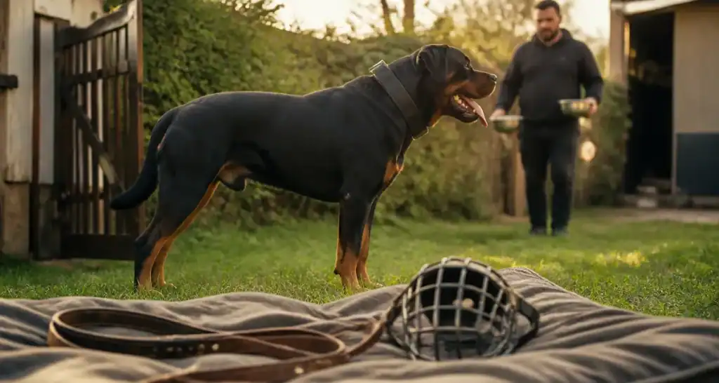 Gros rottweiler massif, profil extérieur, puissance et santé